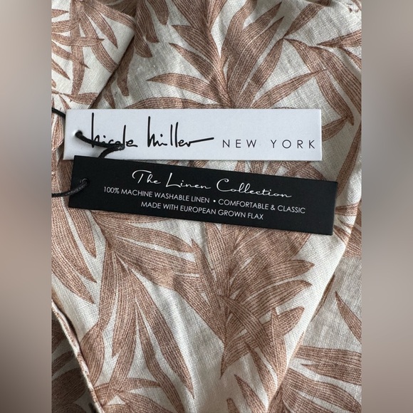 Nicole Miller Linen Leaf Print Button-Up Shirt - Cream and Tan small - Picture 6 of 7